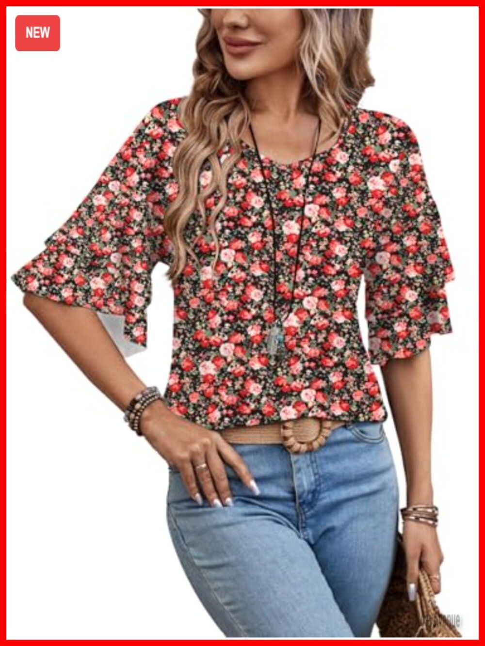 Womens Ruffle V-Neck 3/4 Sleeve Tunic Blouse Floral Print Casual Stretch Top